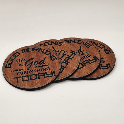 Handmade Inspirational Coaster Set- Good Morning This Is God (Laser Engraved Cedar with Corked Backing)