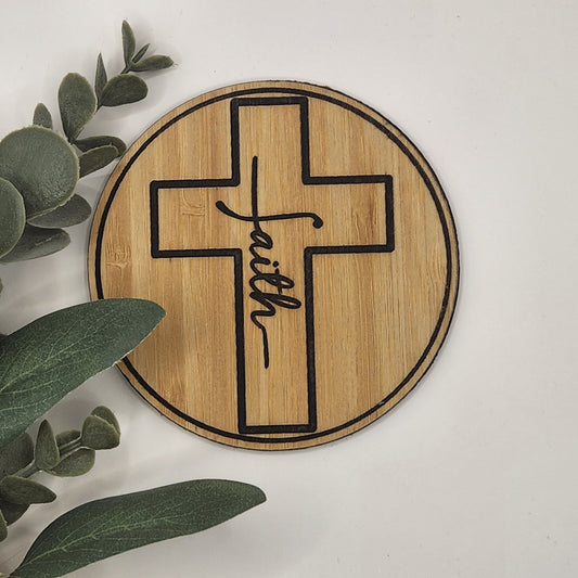 Inspirational Coaster Set - Faith in the Cross (Laser Engraved Bamboo with Corked Backing)