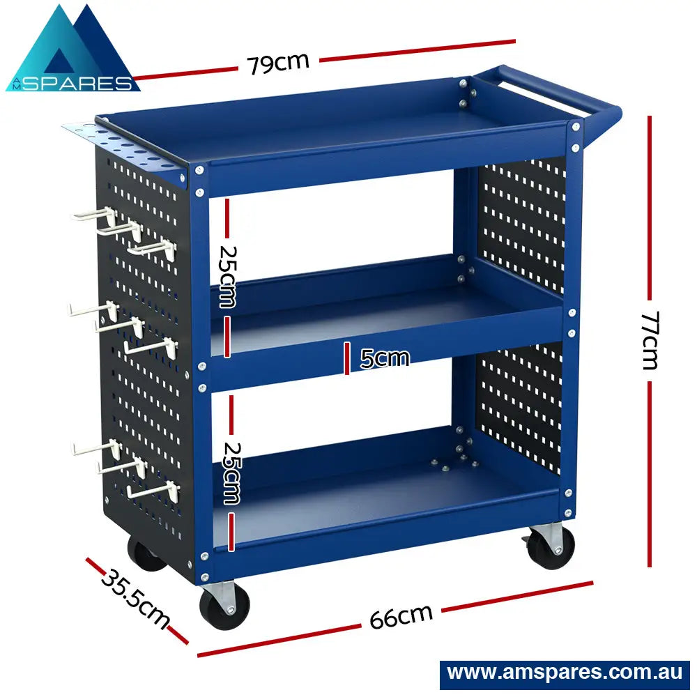 Giantz 3 - Tier Tool Cart Storage Trolley Workshop Garage Pegboard Hooks Blue Tools >