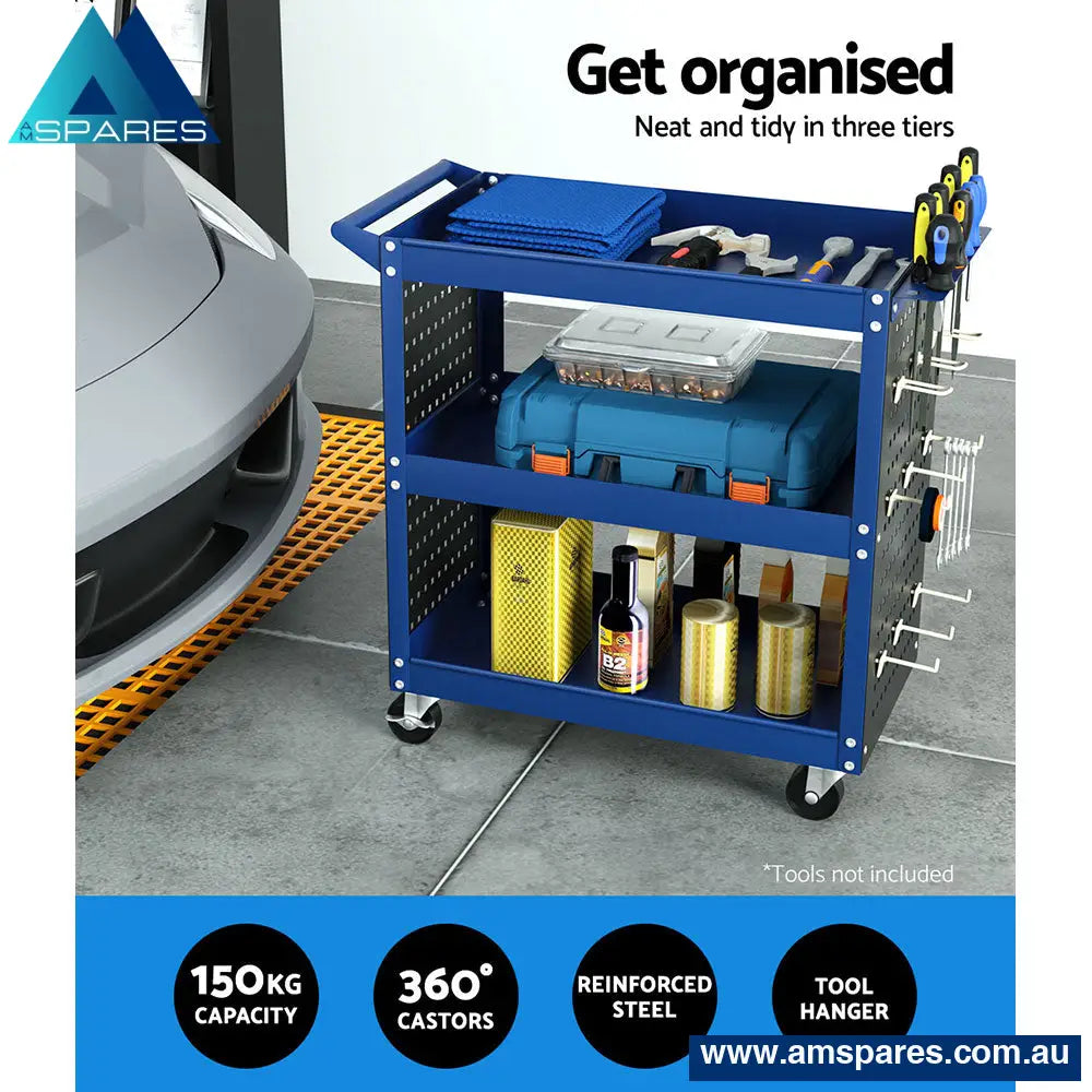 Giantz 3 - Tier Tool Cart Storage Trolley Workshop Garage Pegboard Hooks Blue Tools >