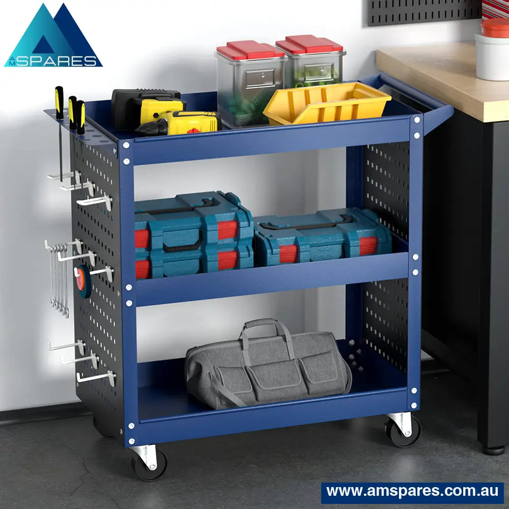 Giantz 3 - Tier Tool Cart Storage Trolley Workshop Garage Pegboard Hooks Blue Tools >