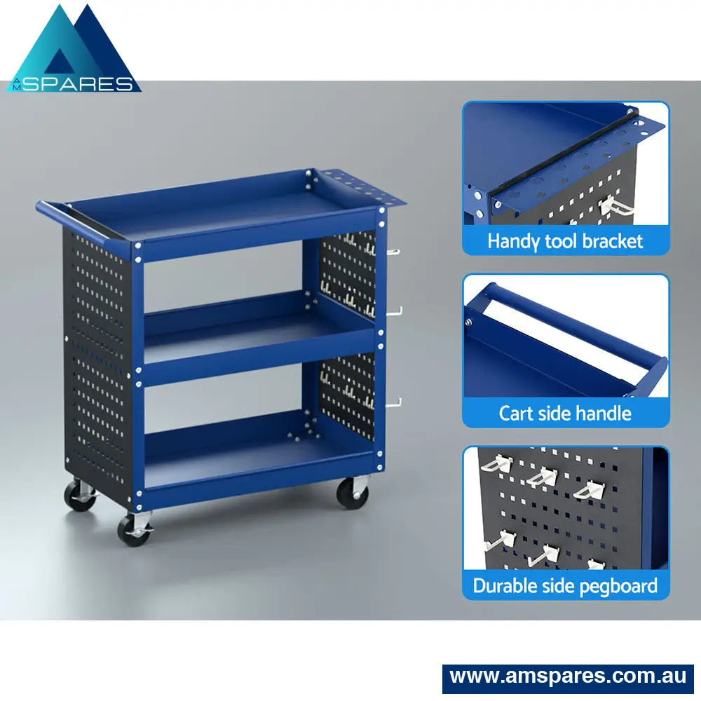 Giantz 3 - Tier Tool Cart Storage Trolley Workshop Garage Pegboard Hooks Blue Tools >